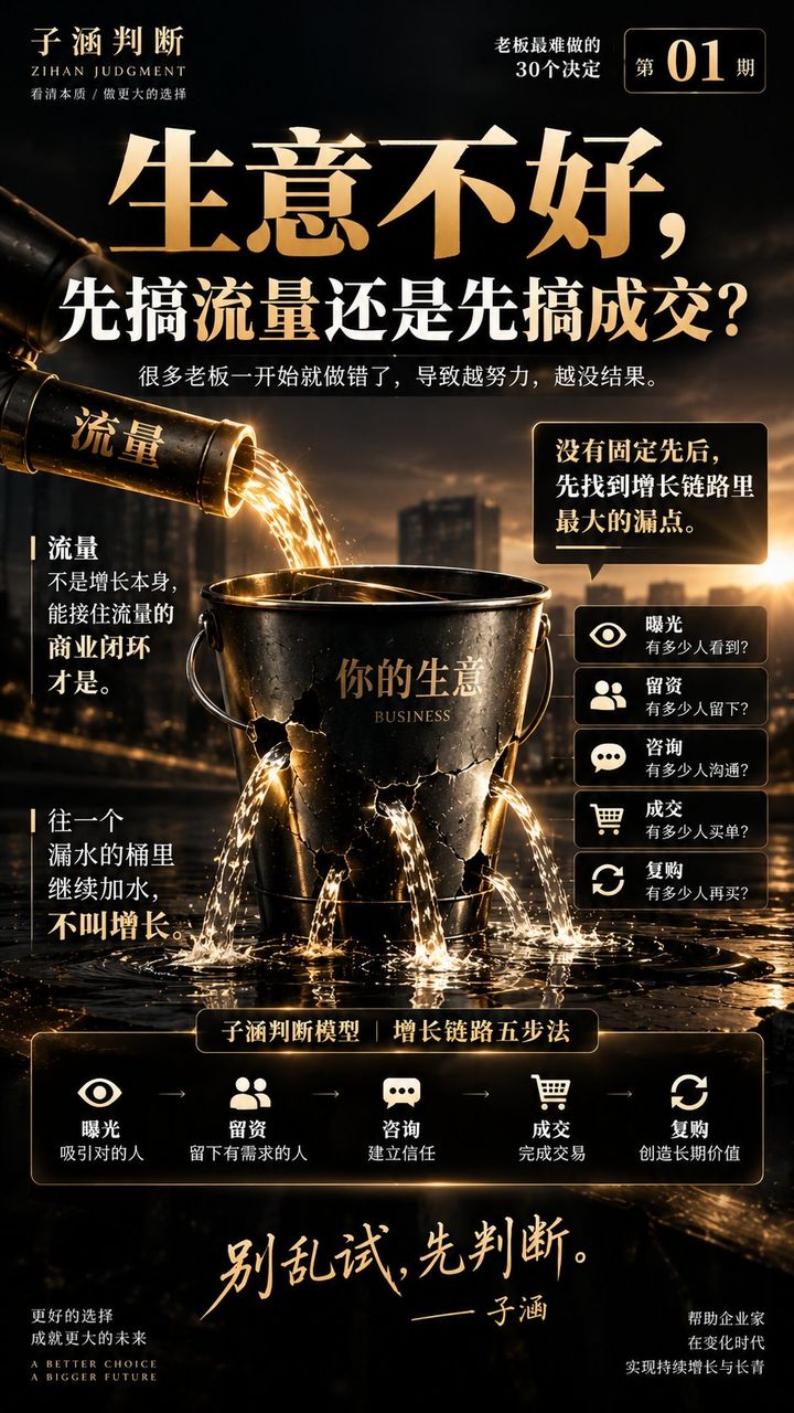 子涵判断 · 老板最难做的30个决定（第01期：生意不好，先搞流量还是先搞成交？）